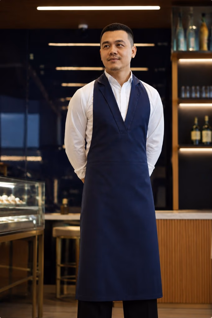 Hospitality staff in navy tuxedo-style apron